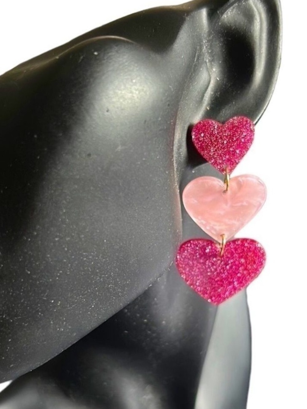 Pink Sparkle Geometric Heart Shape Dangle Pierced Earrings - Picture 2 of 4